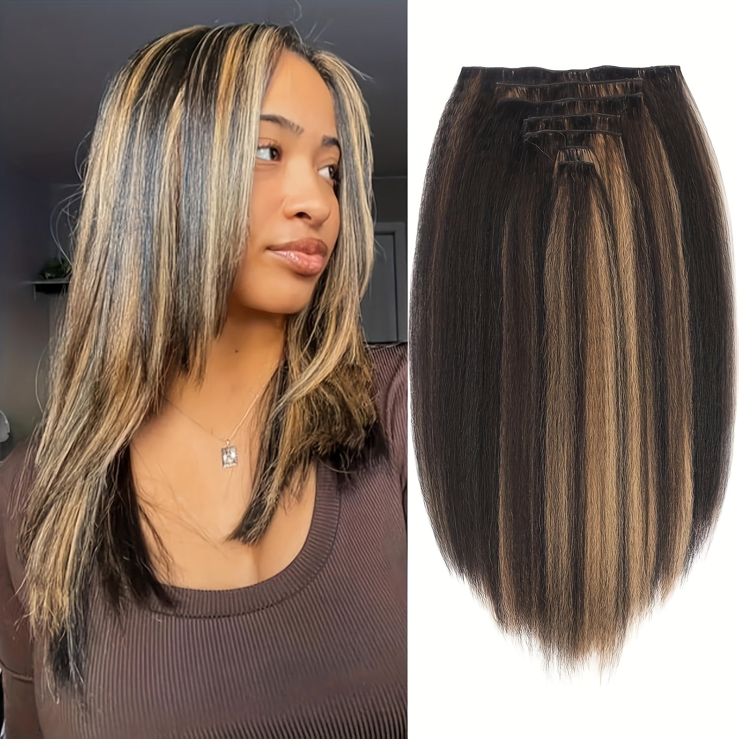 Kinky Straight Clip In Wig Extensions Full Head Yaki Straight Clips In For Women Synthetic Wig 7Pcs Wig Accessories